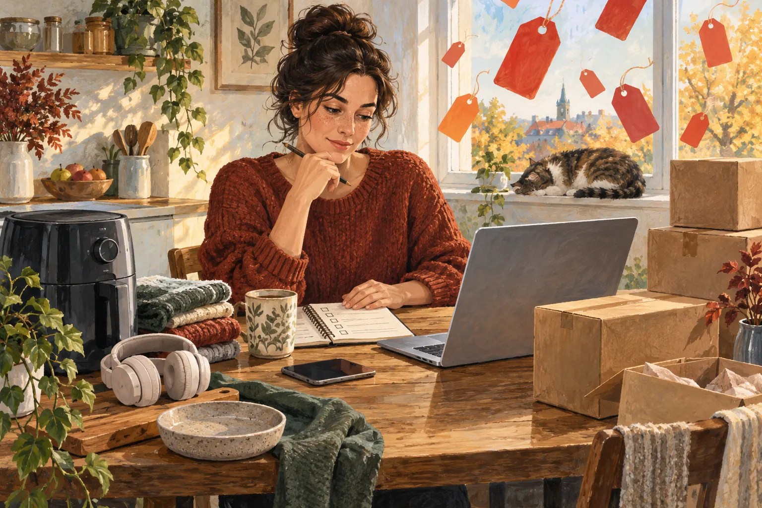 A person compares their shopping list with offers on a laptop.