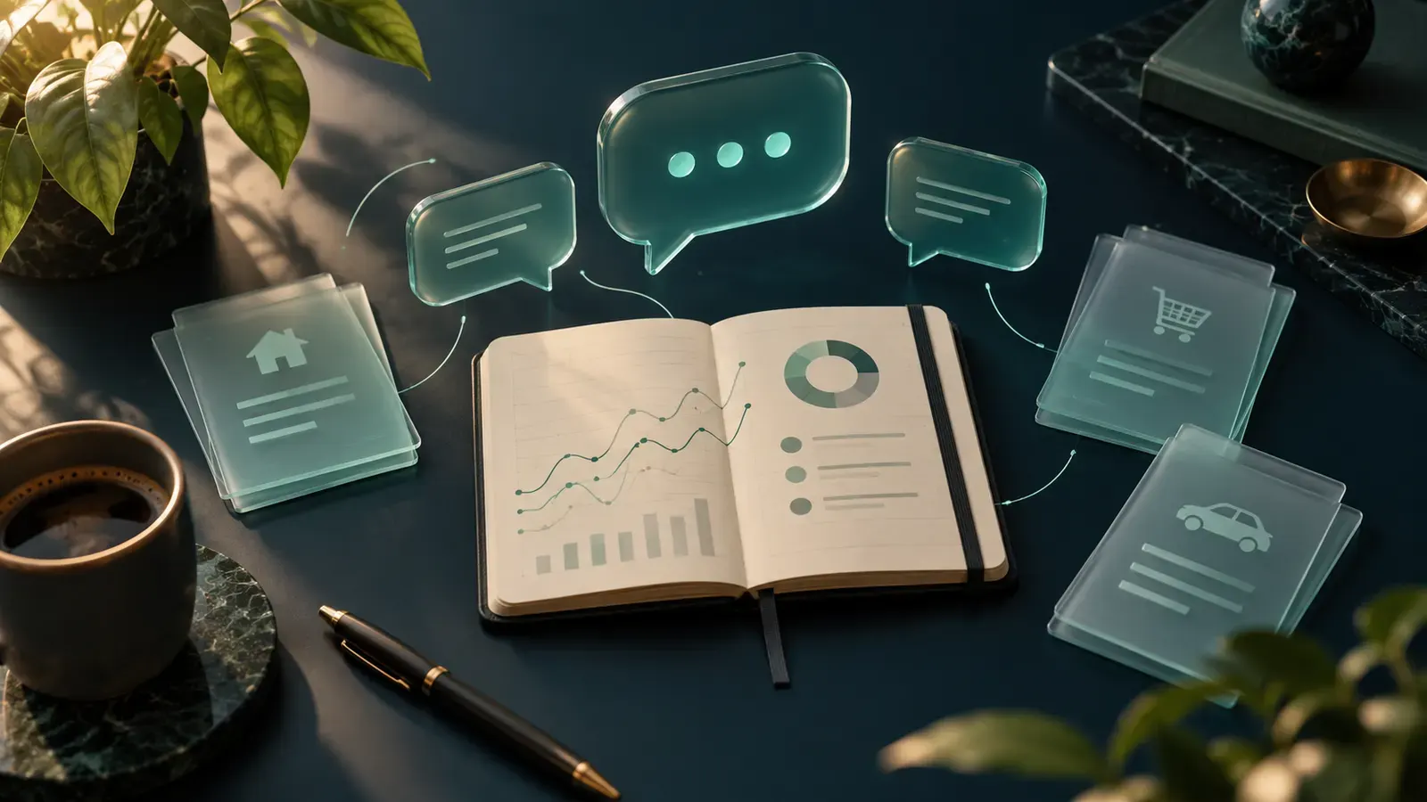 Illustration of a desk with a finance notebook and conversation cards.