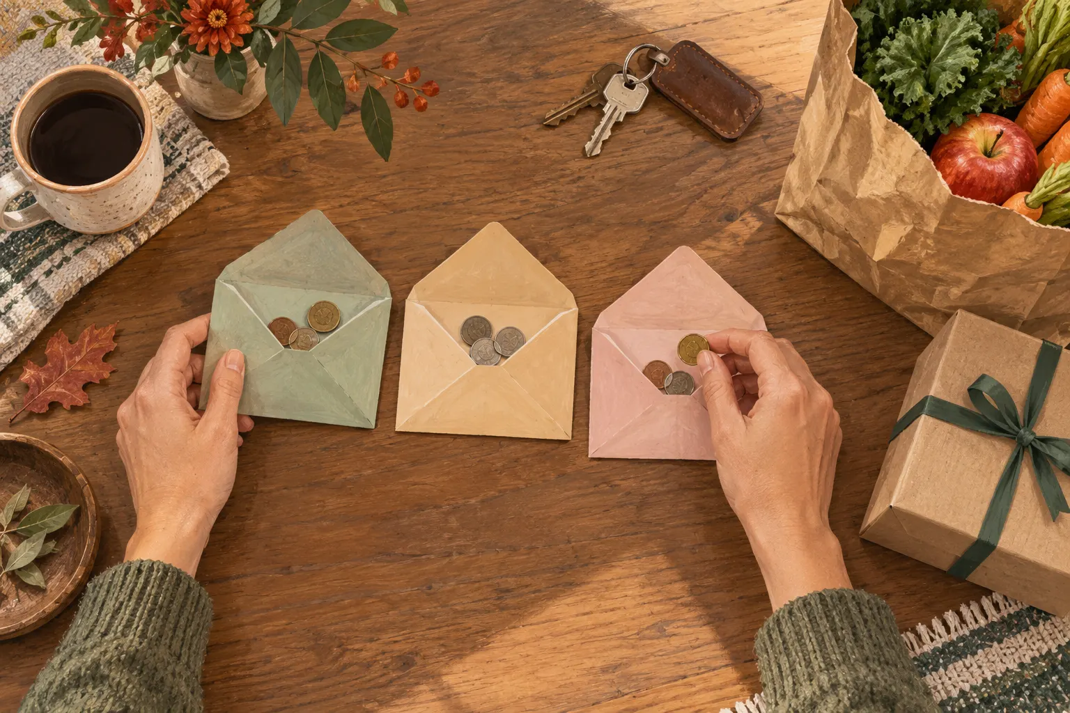 Hands distribute coins between three envelopes beside groceries, keys and a parcel.