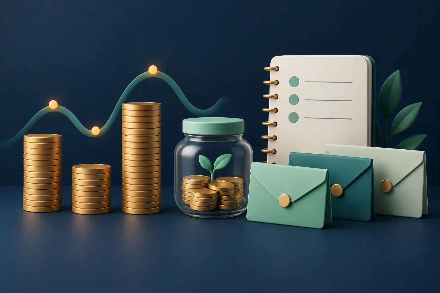 Illustration of uneven coin stacks, a reserve jar and budget envelopes.