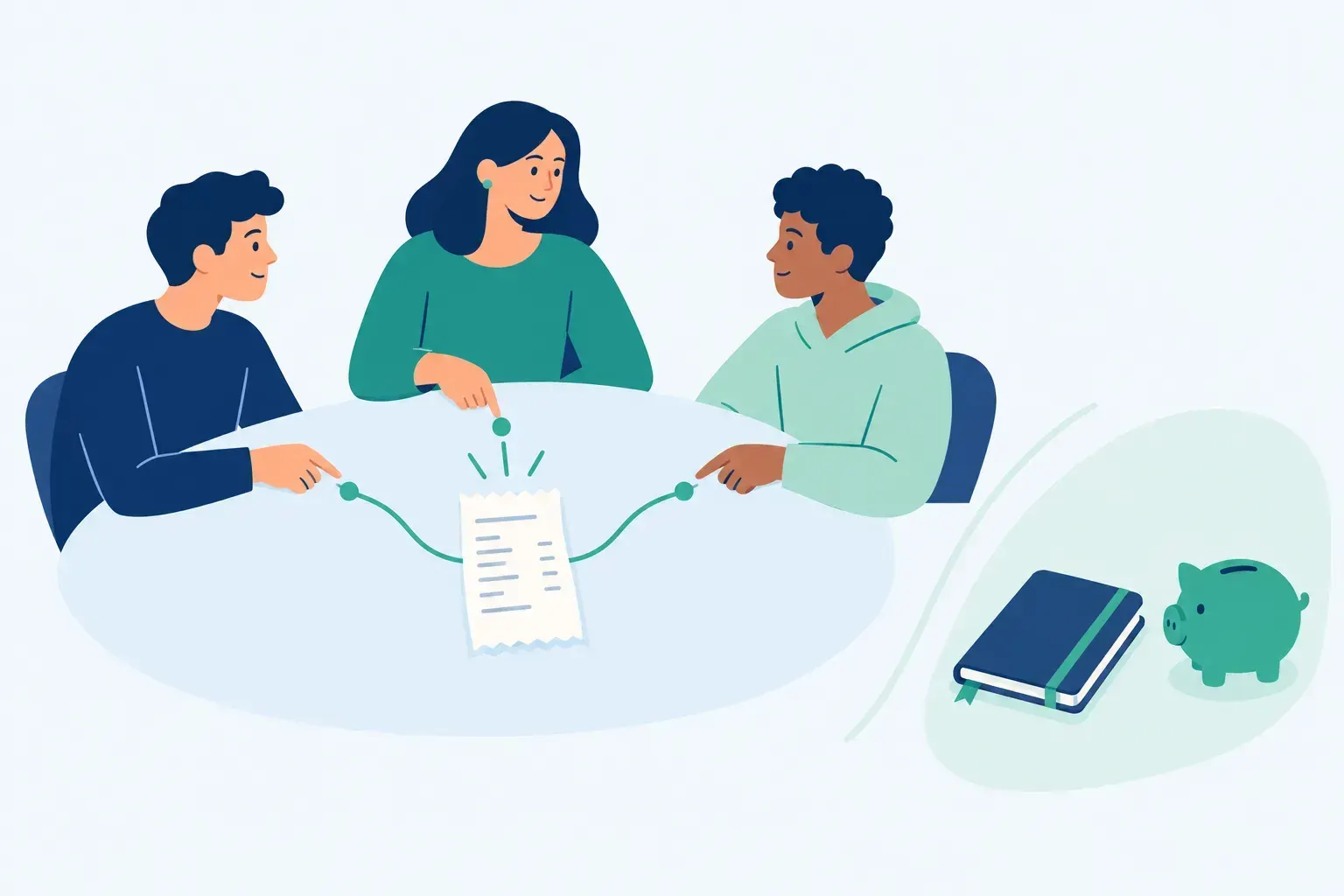 Illustration of three people sharing a receipt, a notebook and a money box.