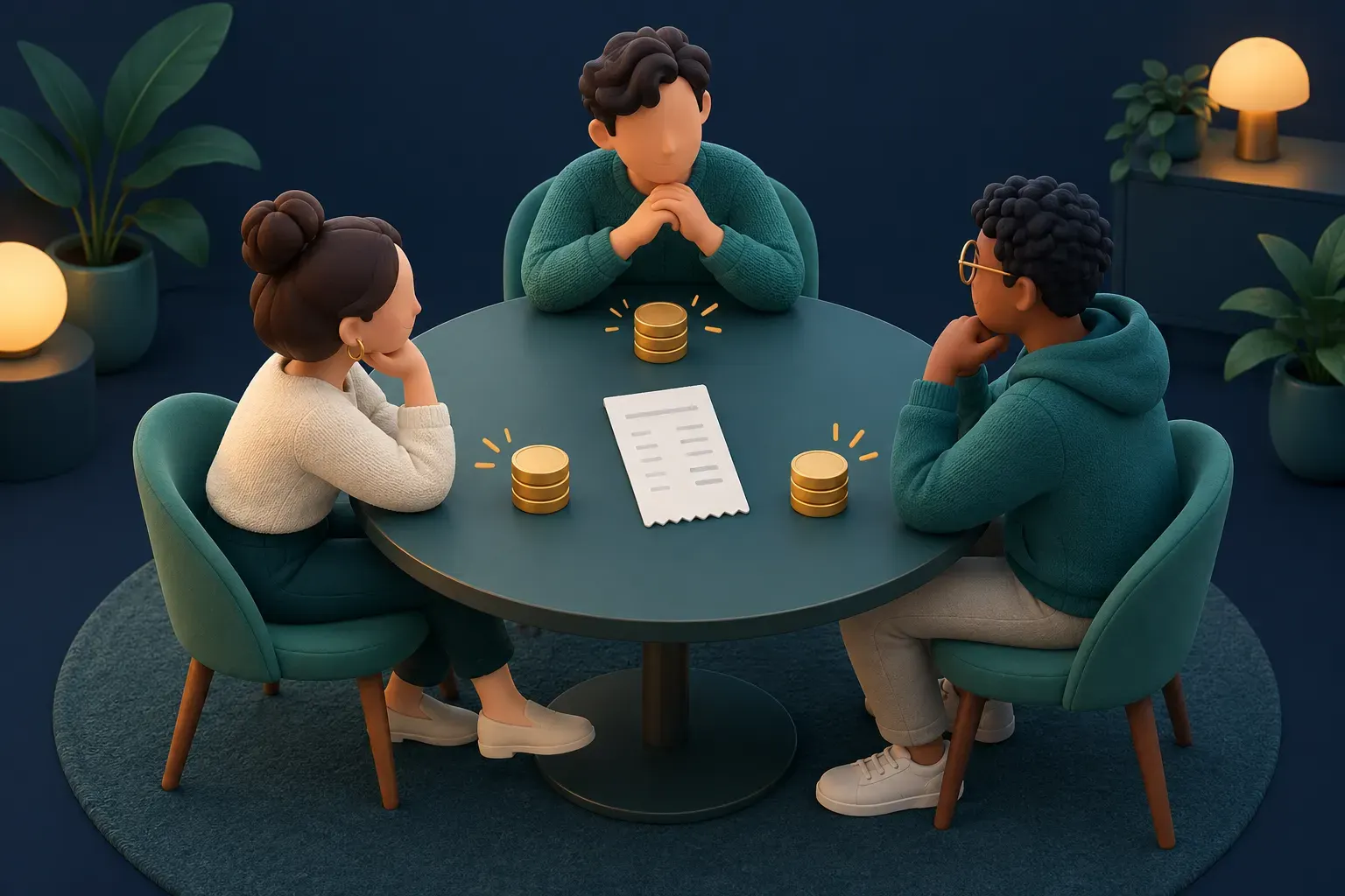 Three people splitting a bill around a table with a receipt and three groups of coins
