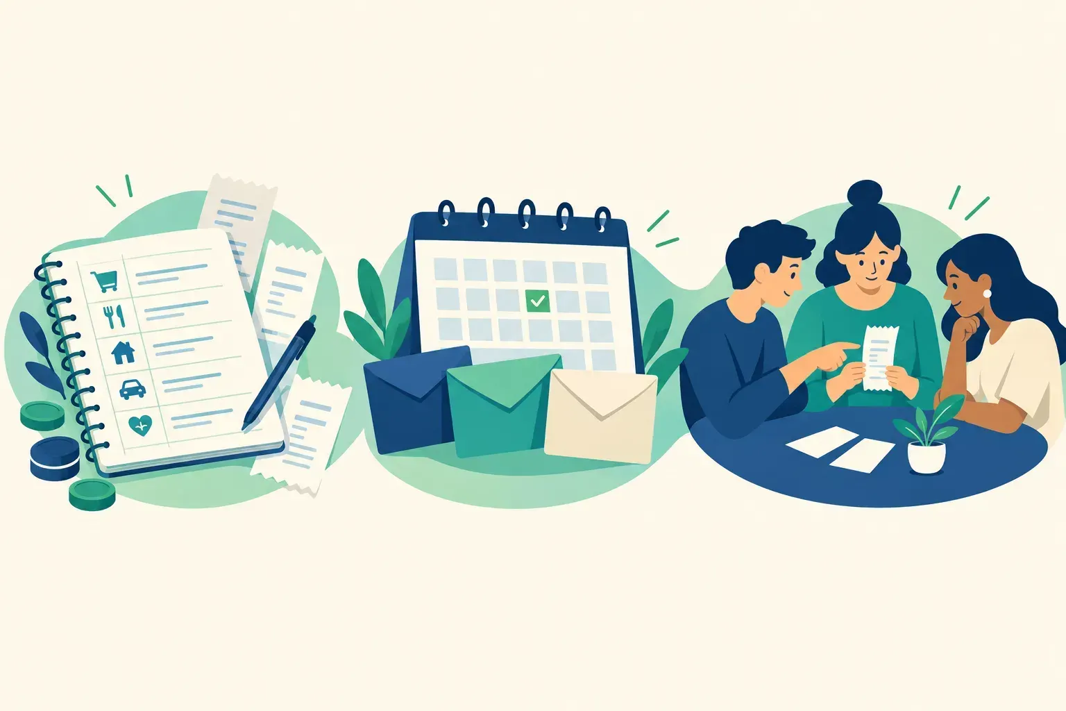 Illustration of expenses, a calendar and people sharing a receipt.