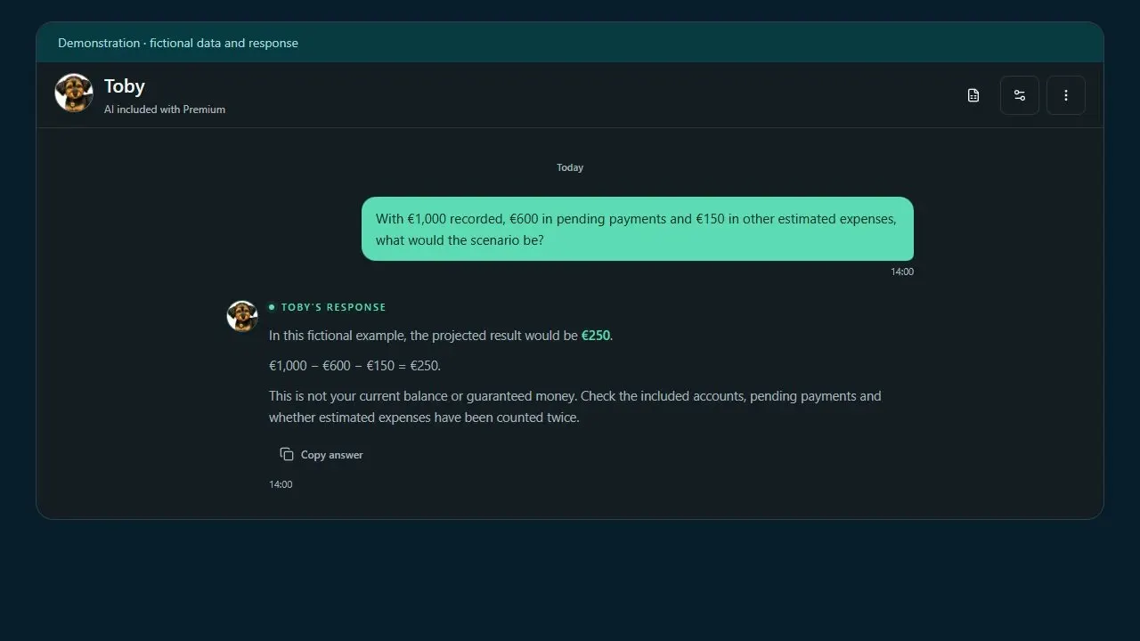 Toby interface with a fictional example: 1,000 euros minus 600 and 150 gives a projected 250 euros.