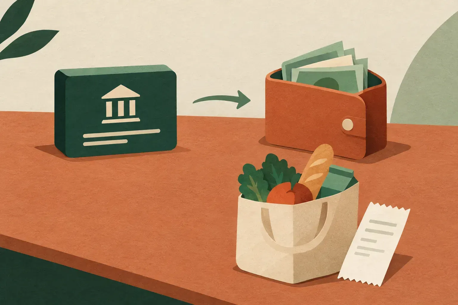 AI-generated illustration of money moving from a bank to a wallet.